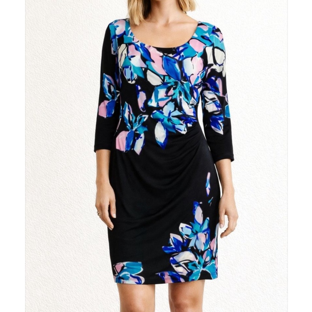 CHAPS Black Abstract Floral Midi Stretch Dress XL Party Event Career Office NWT